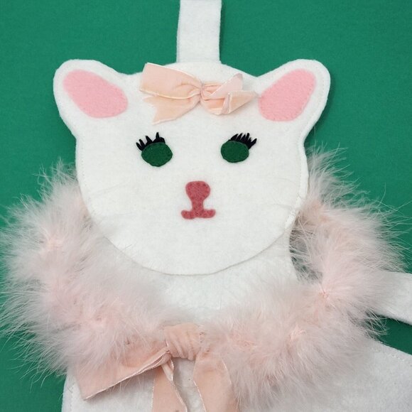 Vintage 1960s Handmade Felt Christmas Stocking Kitten Cat Feathers Pink Ribbon - Picture 3 of 9
